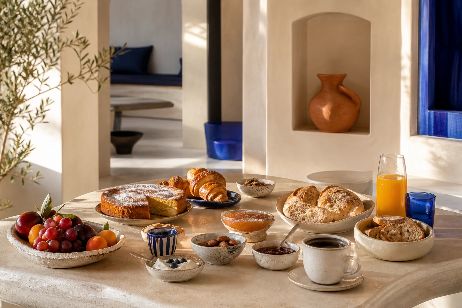 Colazione di Casa 80 con pane, dolci, frutta, yogurt e caffè