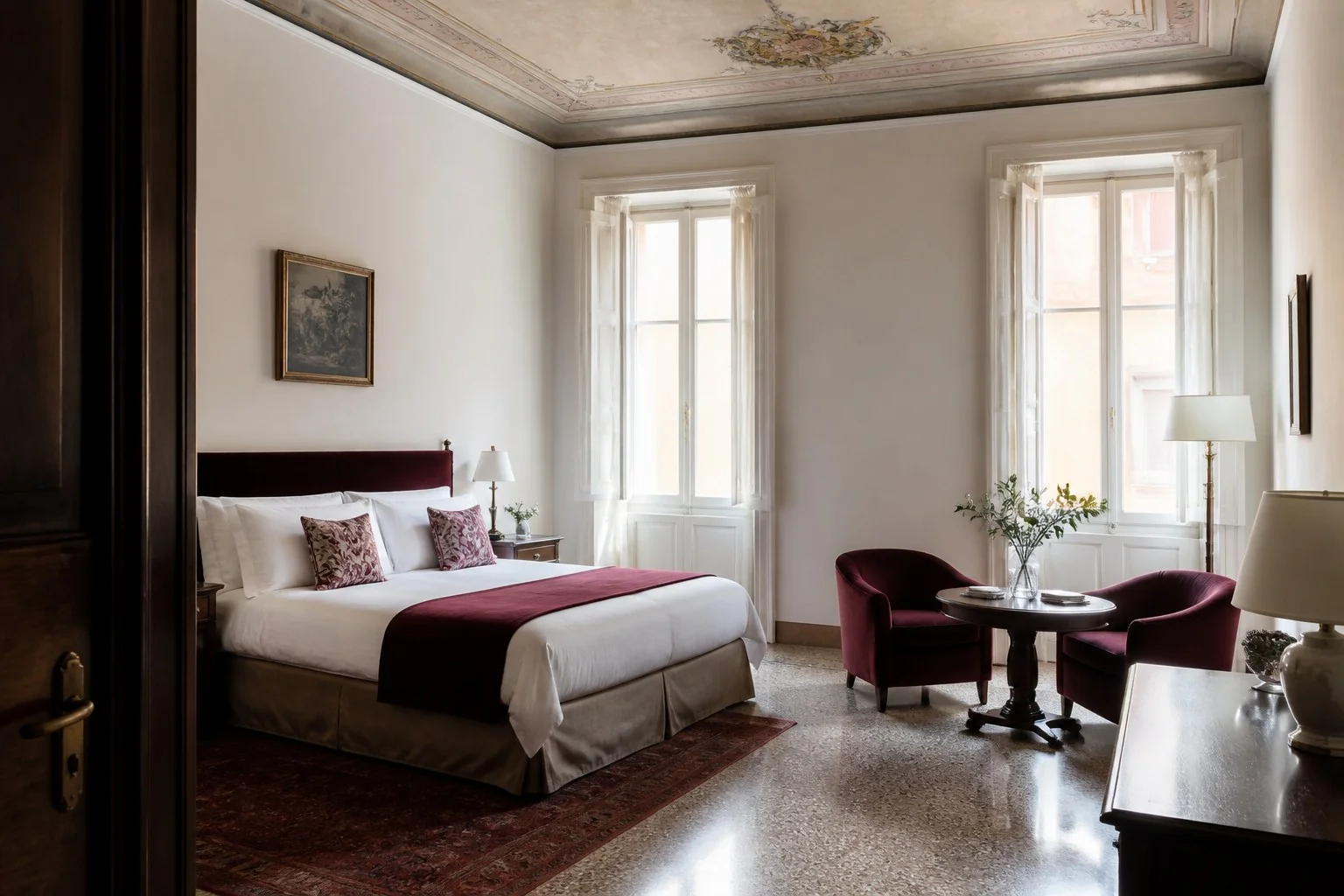 Camera elegante con letto matrimoniale e angolo salotto