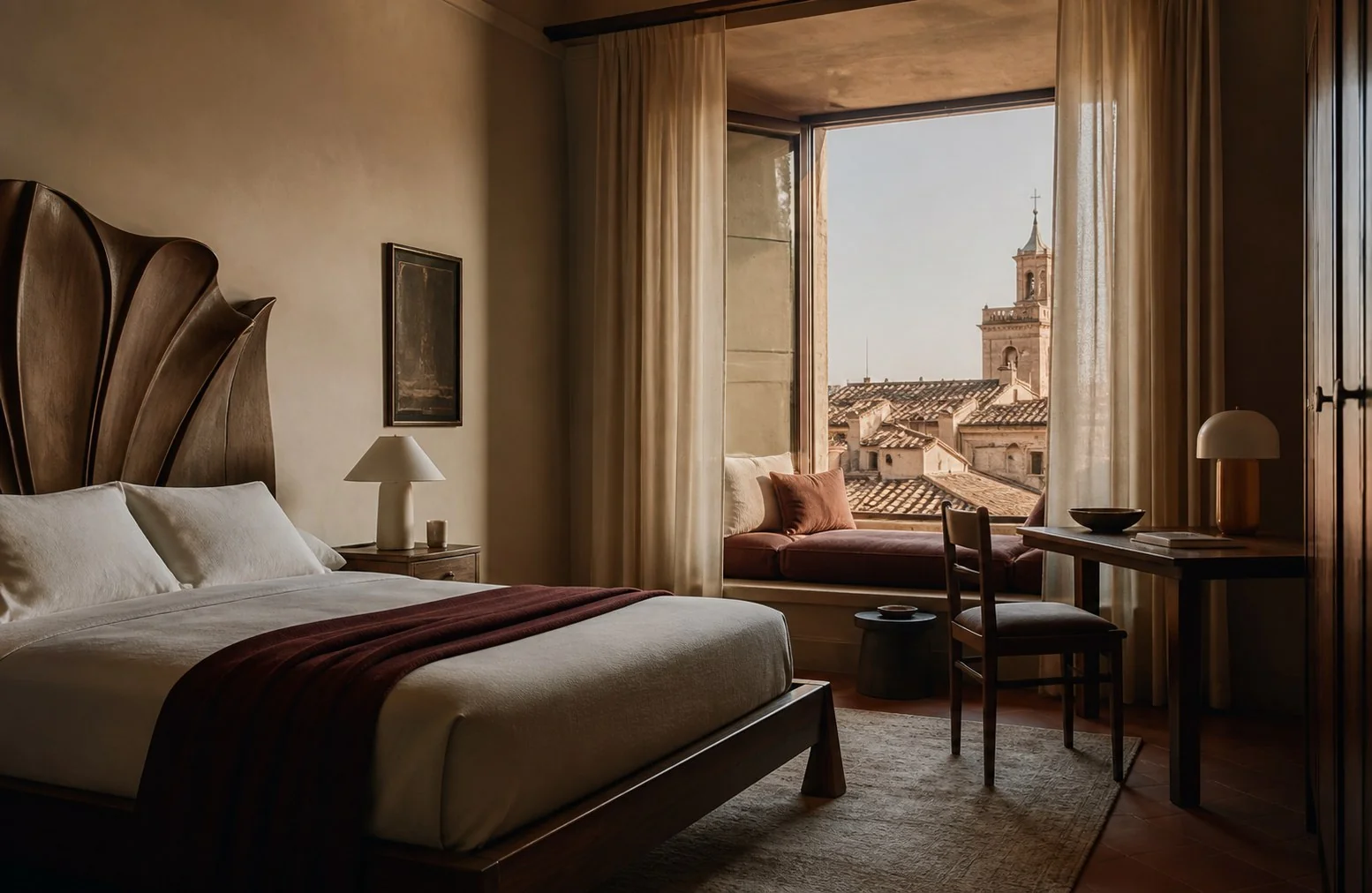 Suite Corte con letto e seduta affacciata sui tetti