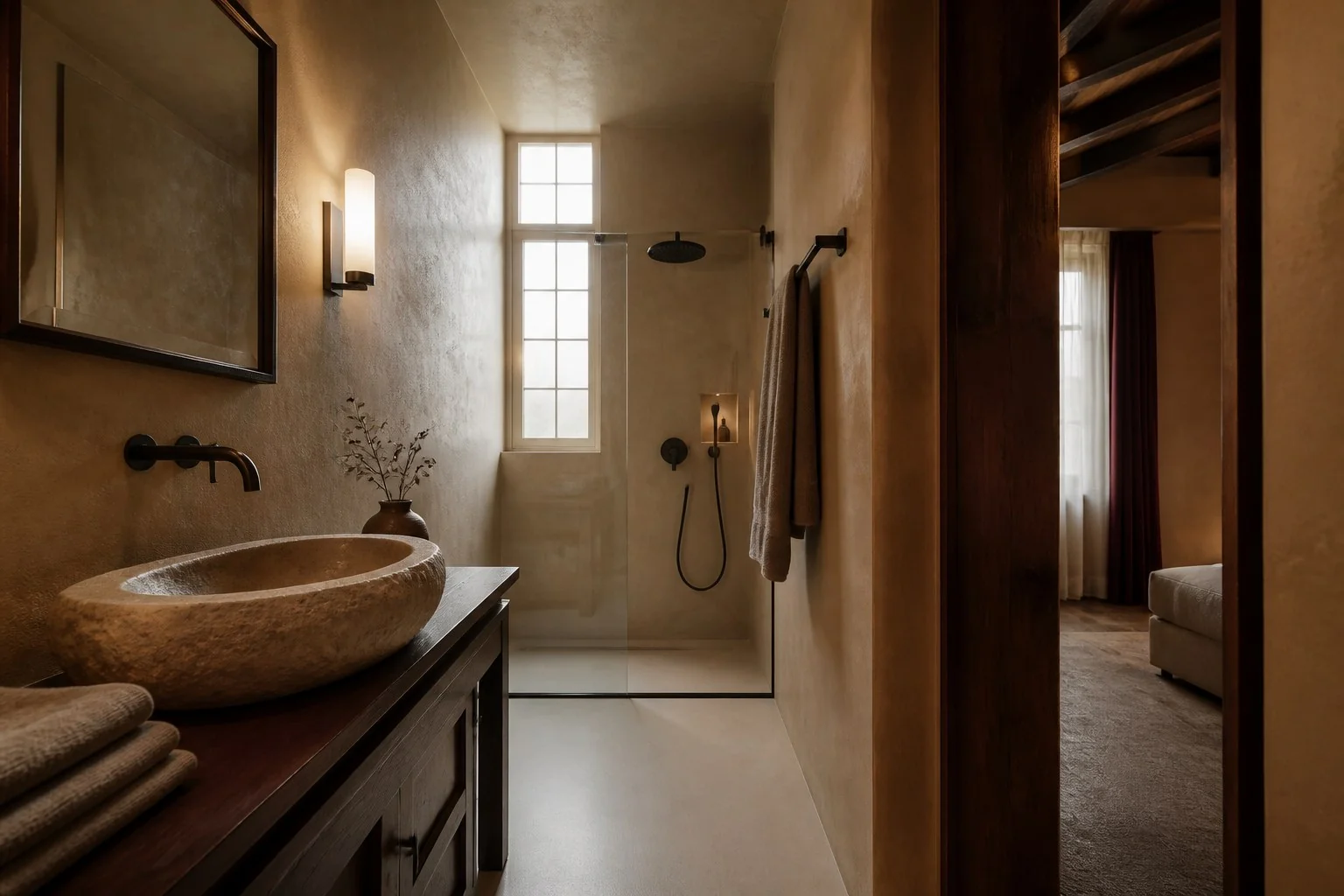 Bagno raccolto in pietra e legno di una suite