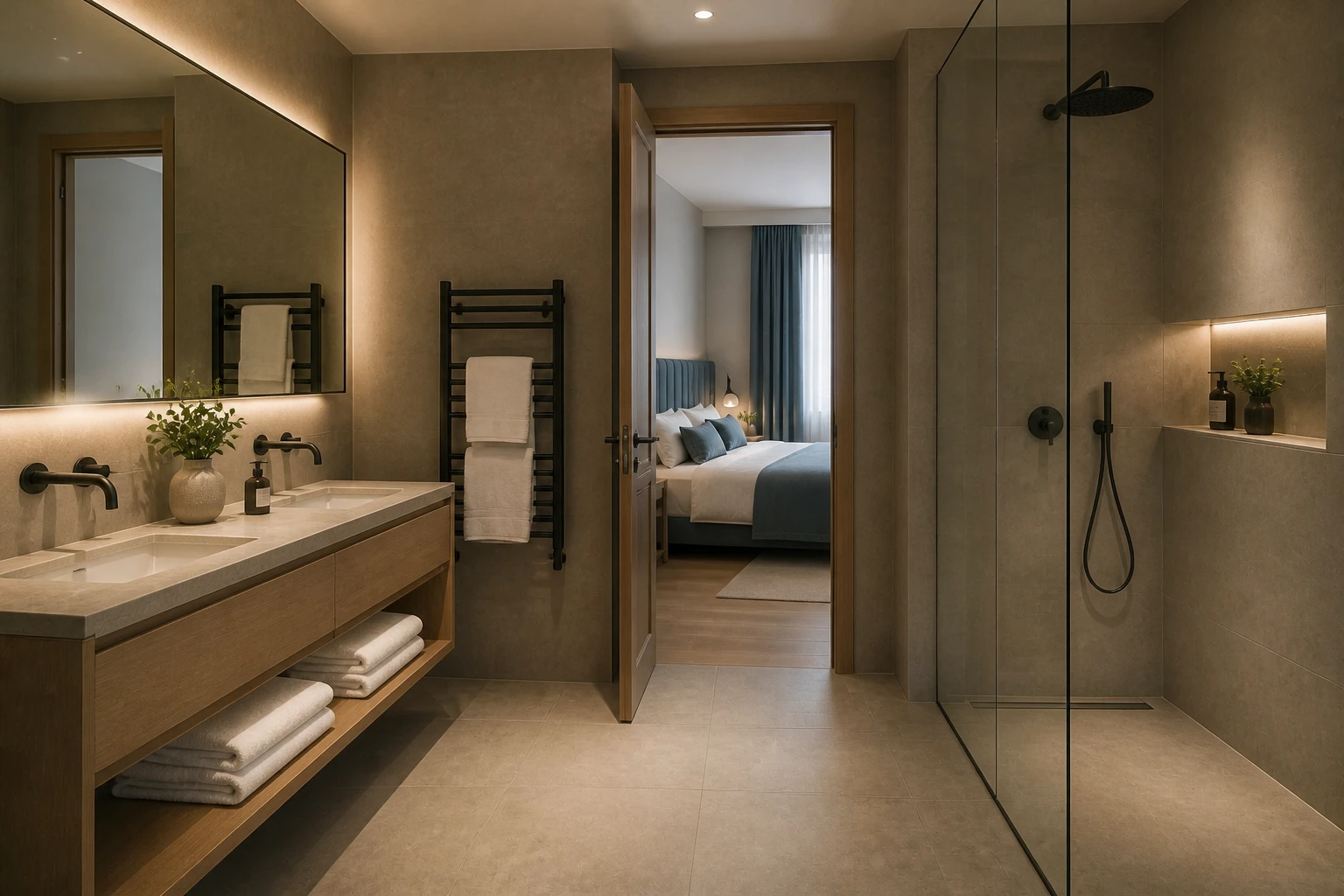 Bagno privato dell'Urban Studio con doppio lavabo e doccia
