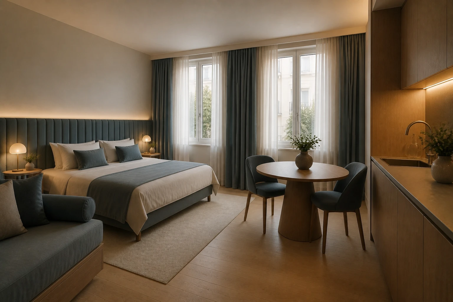 Urban Studio visto dalla cucina verso il letto e le finestre