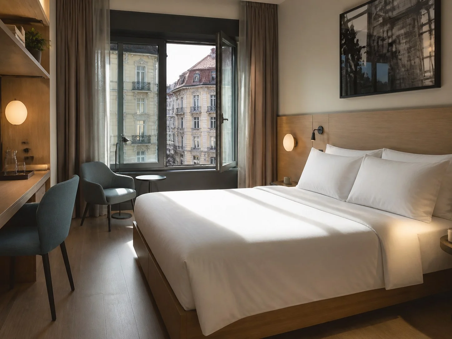 Camera luminosa di Nodo 17 con letto, scrivania e vista su Torino