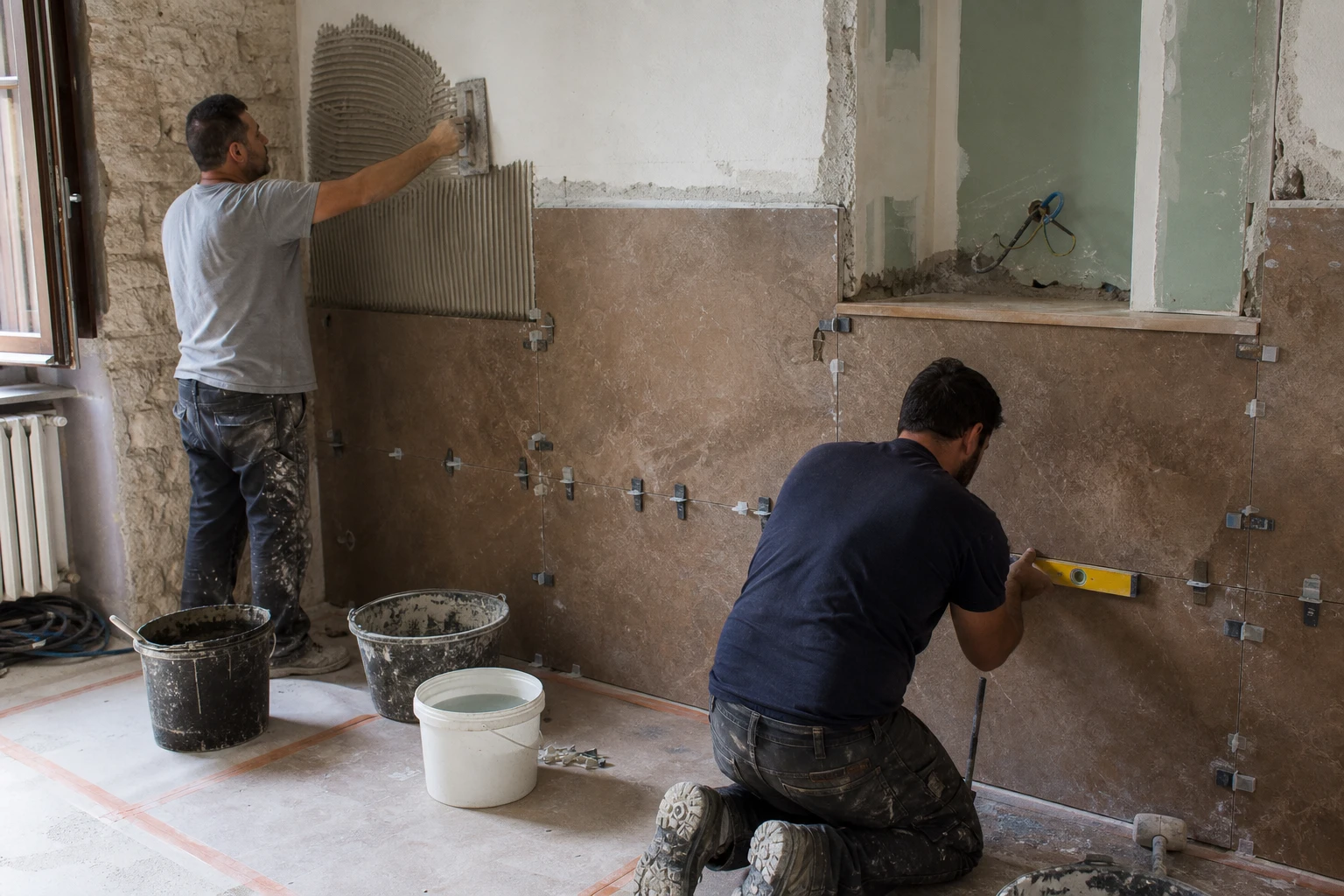 Posa di rivestimenti in cantiere