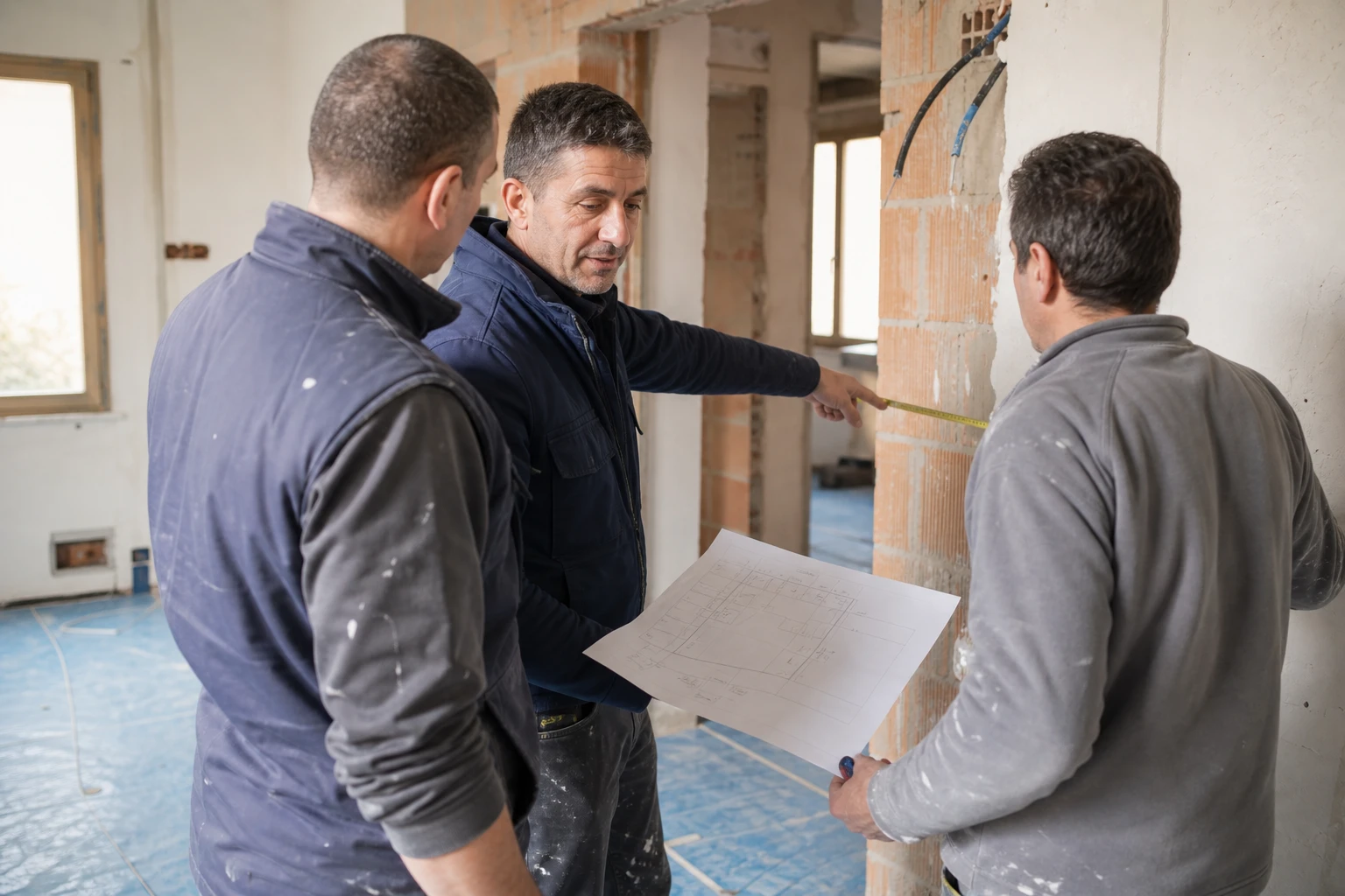 Due professionisti si confrontano durante un sopralluogo in cantiere.