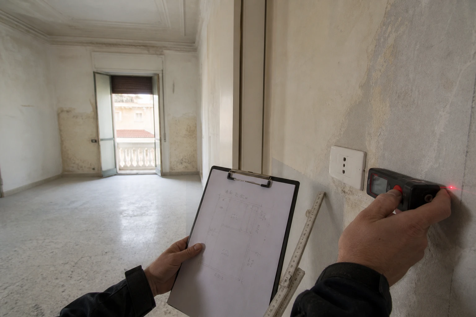 Rilievo degli ambienti durante un sopralluogo, con appunti sulla planimetria.