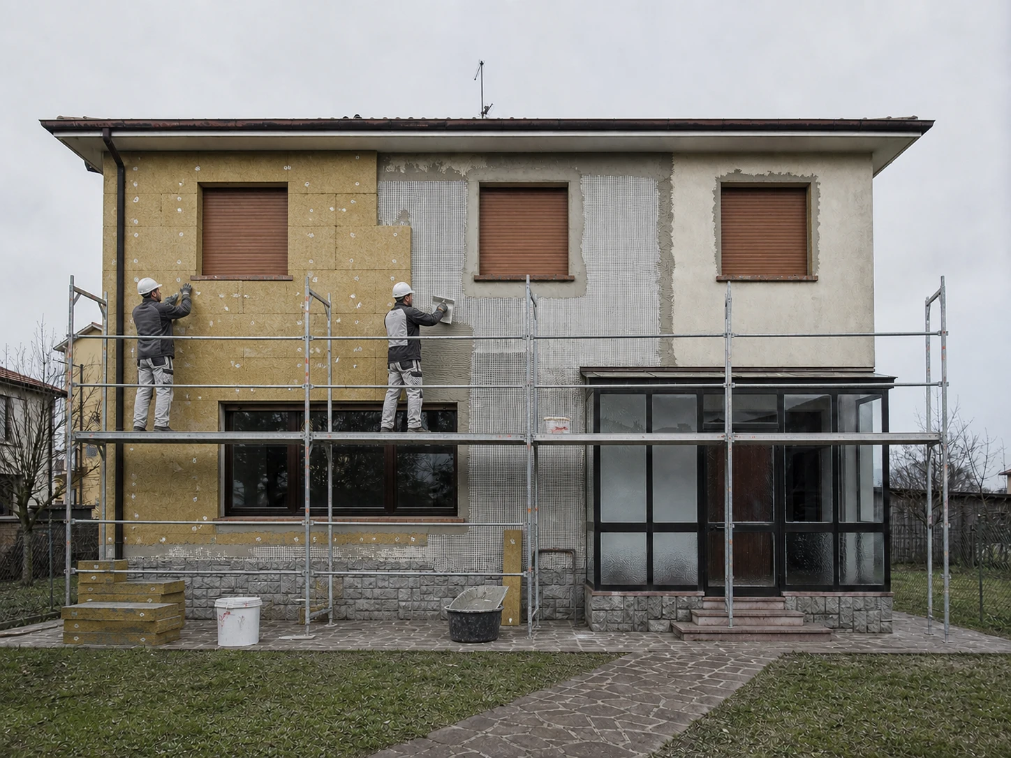 La stessa casa durante la posa del sistema isolante