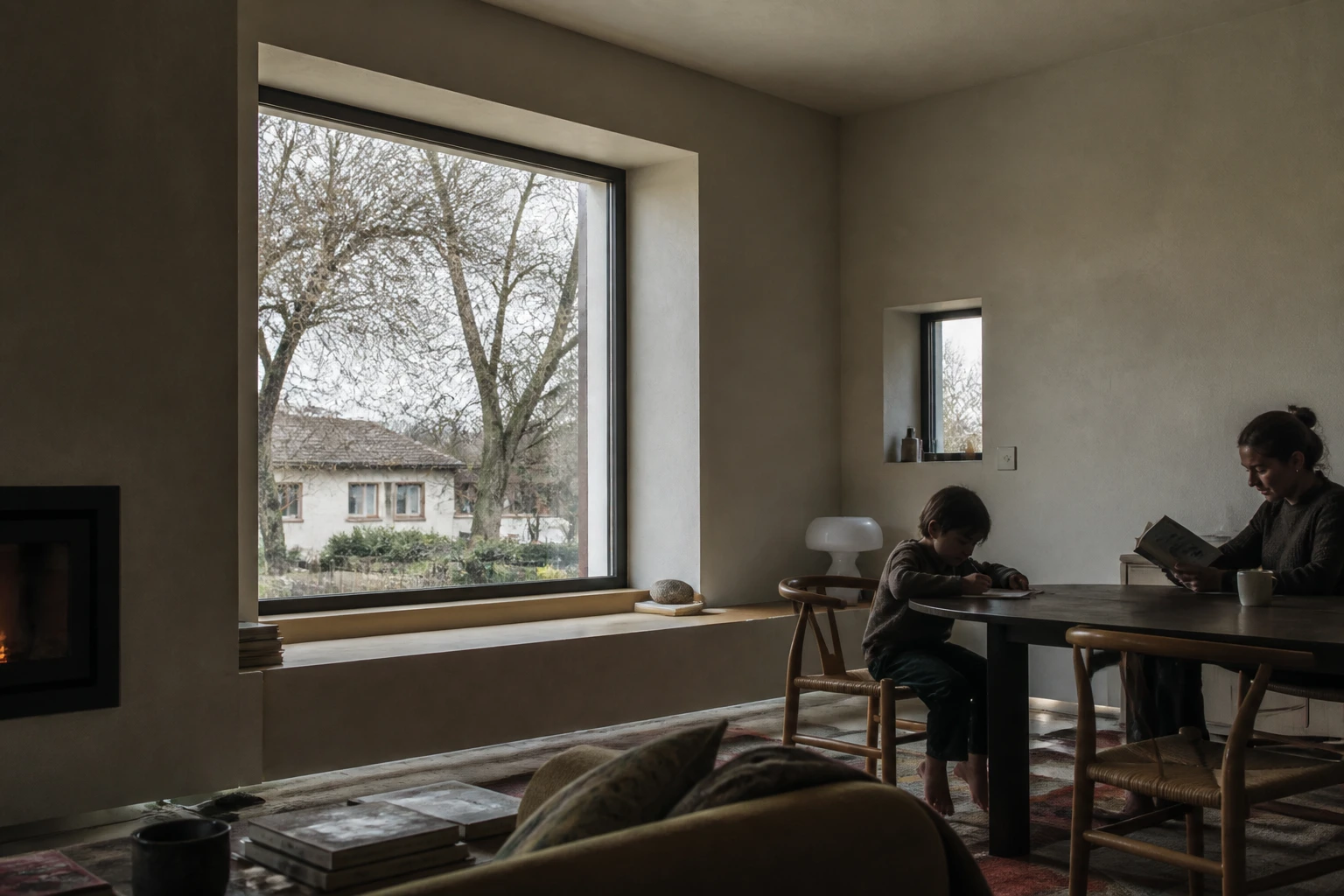 Famiglia in un soggiorno luminoso dopo la riqualificazione