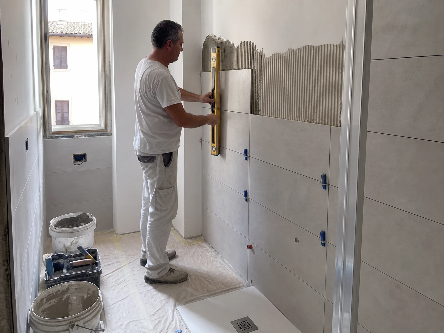 Posa delle piastrelle durante i lavori
