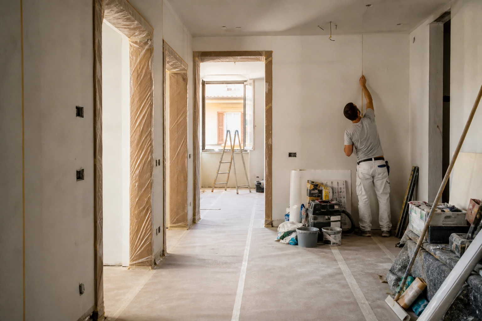 Cantiere ordinato con pavimenti e serramenti protetti