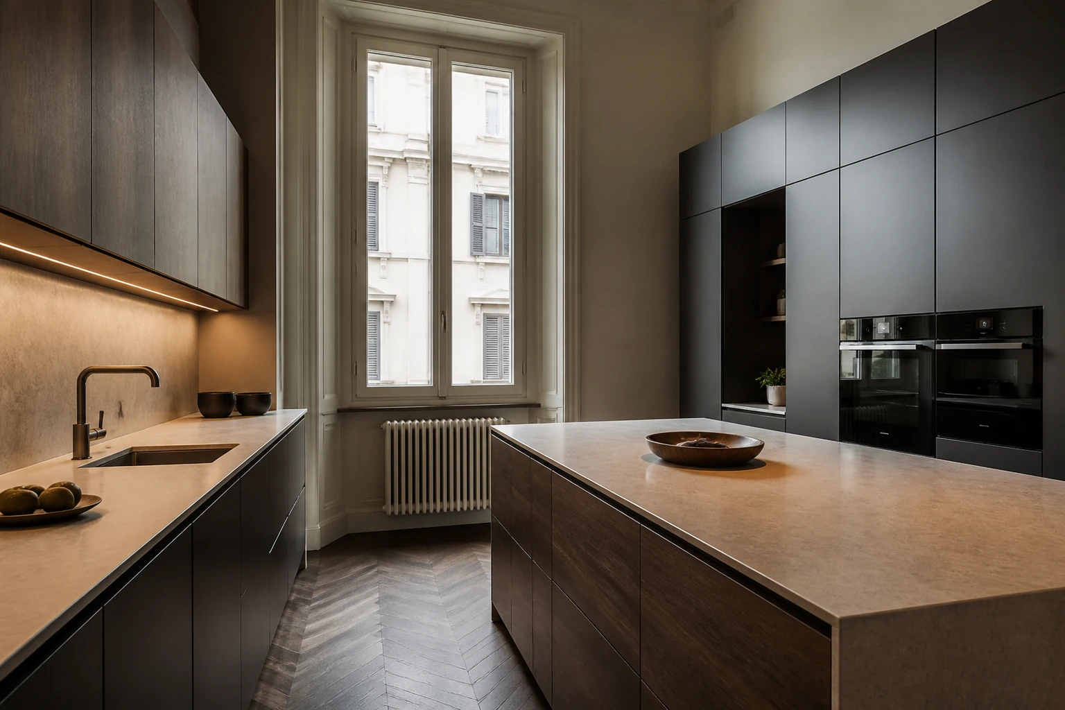 Cucina ristrutturata con isola centrale e pavimento in legno