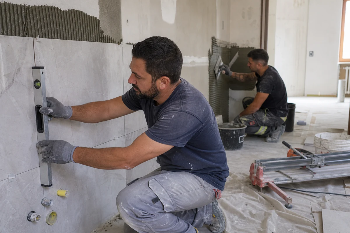 Posatori controllano livello e fughe durante il rivestimento di una parete