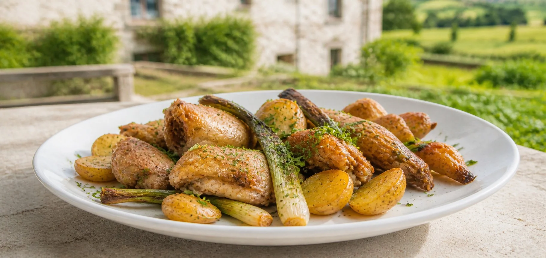 Faraona al forno con patate novelle, cipollotti ed erbe