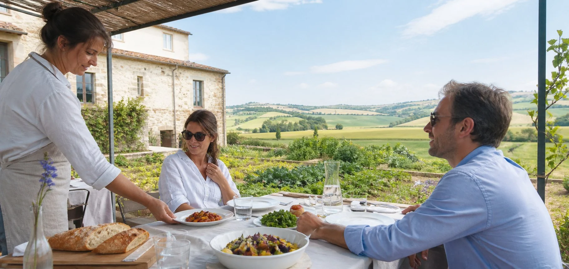 Pranzo sotto il pergolato di Orto Alto con il casolare, l'orto e le colline