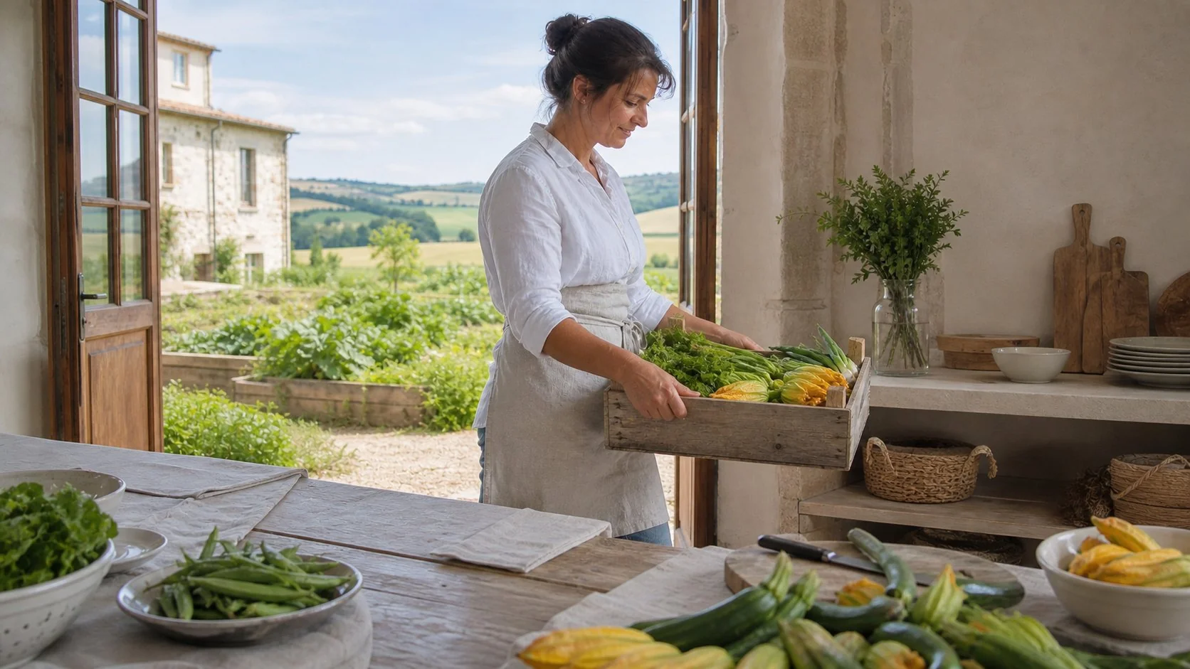 Una cassetta di ortaggi viene portata dall'orto alla cucina di Orto Alto