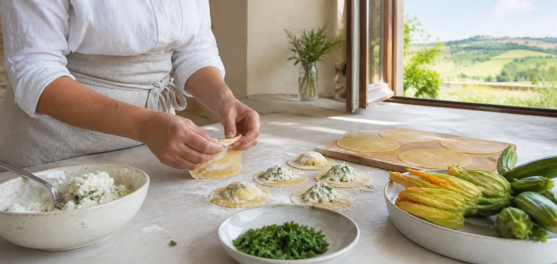 Preparazione manuale dei tortelli di ricotta ed erbette nella cucina di Orto Alto