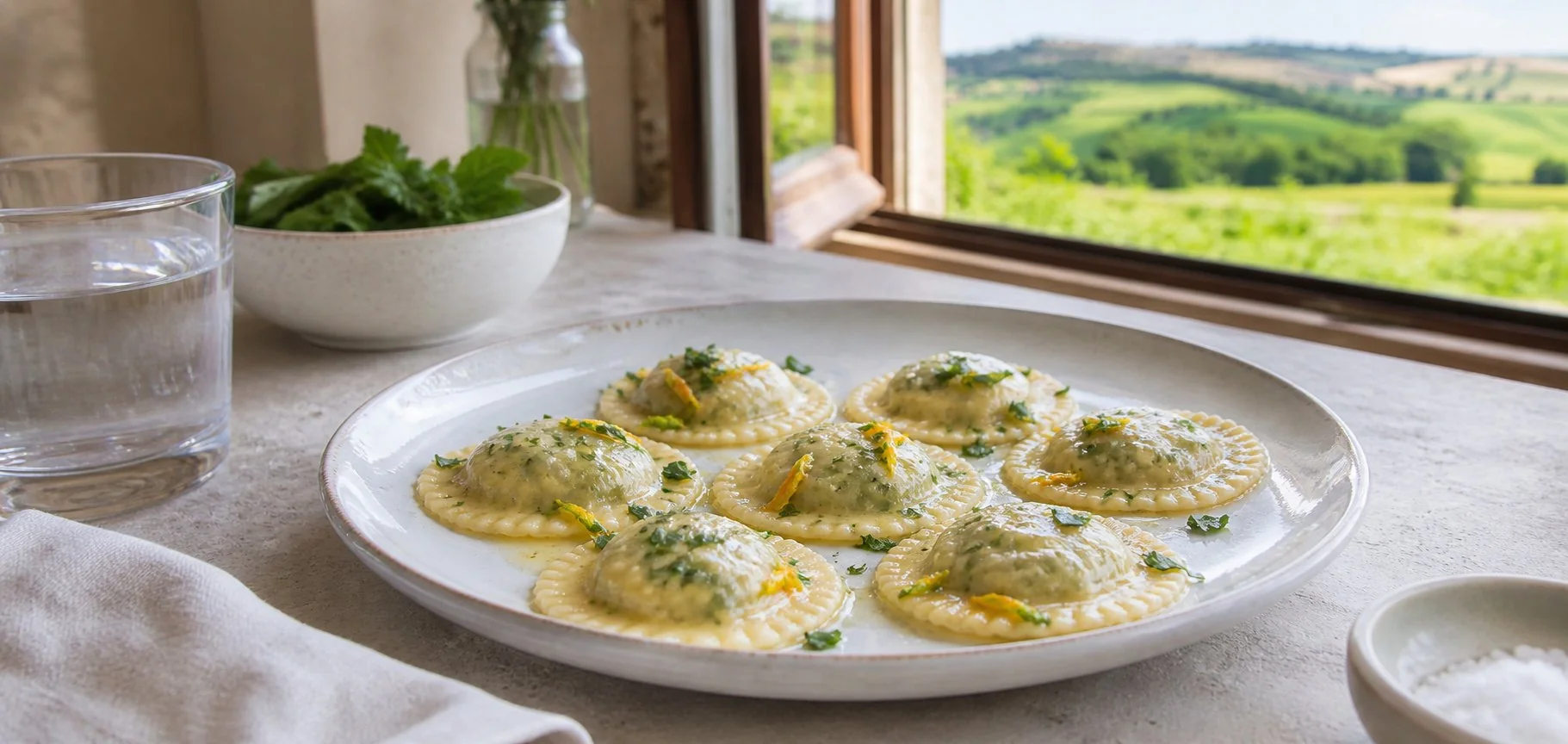Tortelli di ricotta ed erbette con burro, erbe e fiori di zucca