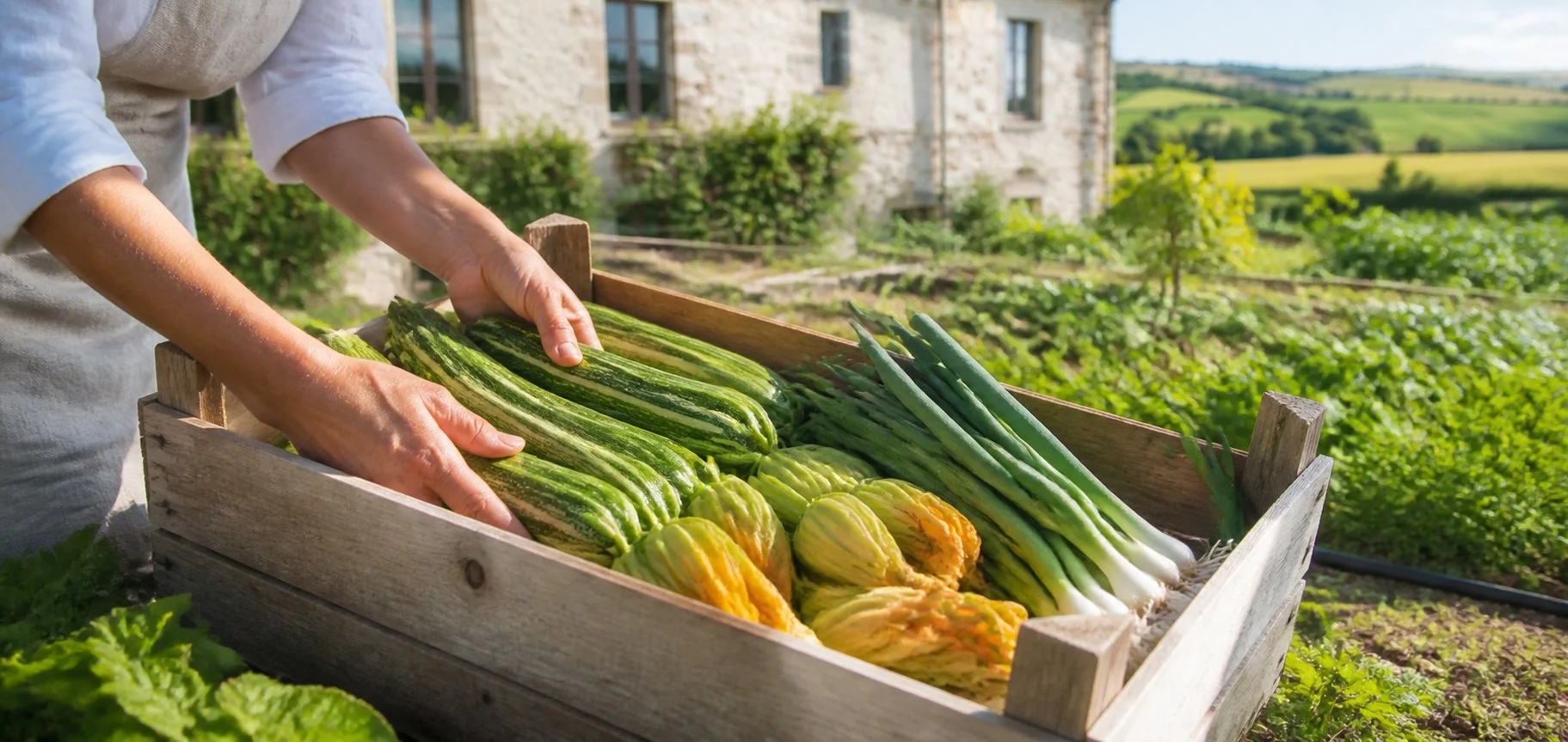 Zucchine, fiori di zucca e cipollotti appena raccolti nell'orto di Orto Alto