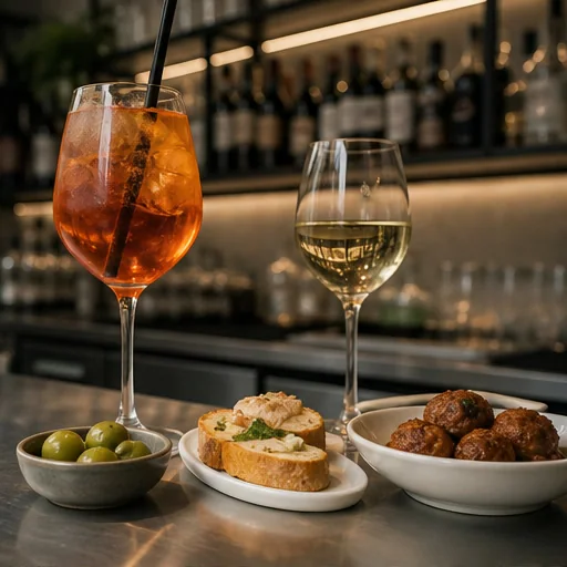 Spritz, calice di vino, crostini, olive e polpette al bancone