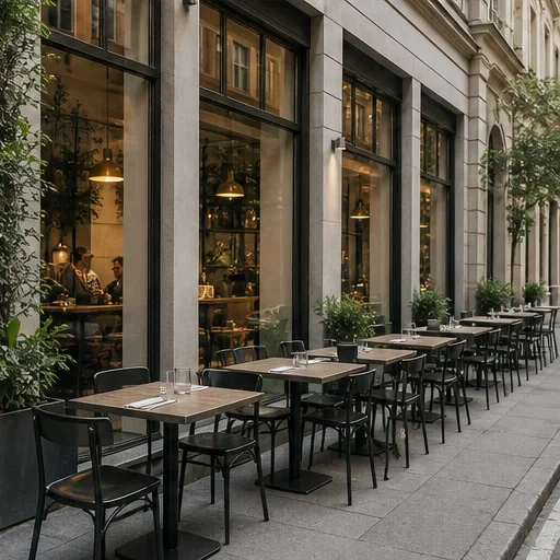 Tavoli all'aperto lungo le vetrate del bistrot