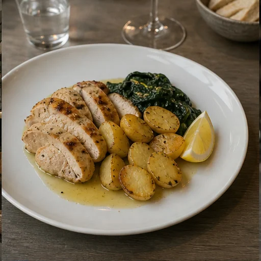 Pollo al limone con patate e spinaci