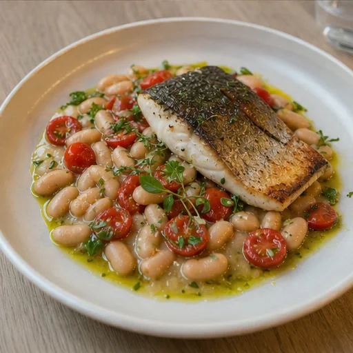 Filetto di branzino con cannellini, pomodorini e olio alle erbe
