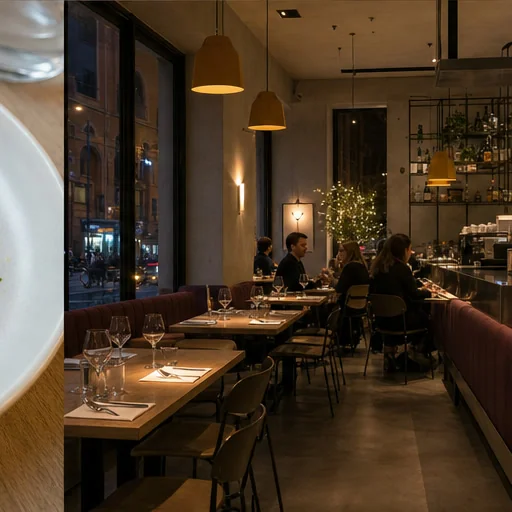 La stessa sala del bistrot apparecchiata per la cena