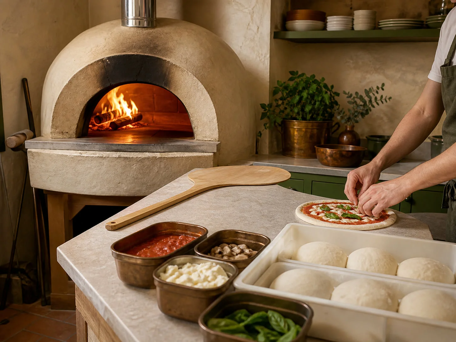 Pizzaiolo al lavoro davanti al forno a legna