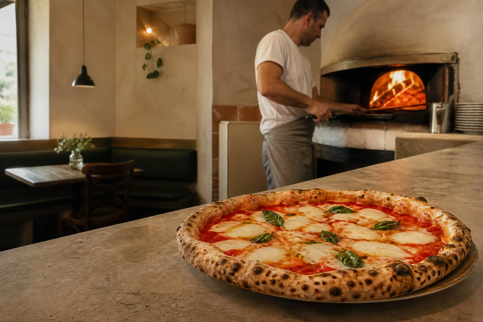 Pizza Margherita appena sfornata nel forno a legna di Forno Rosso