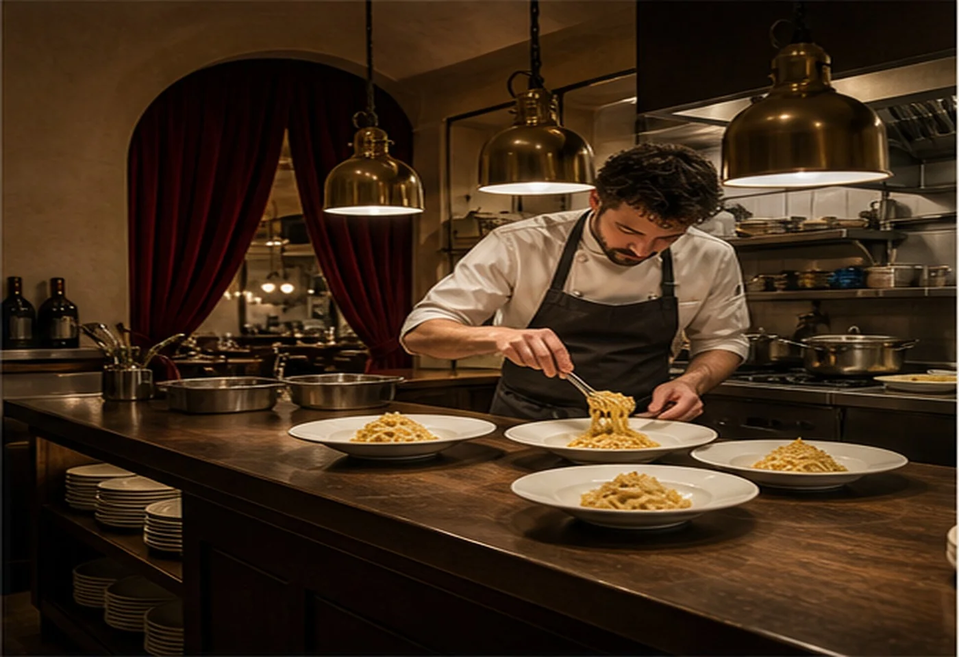 Cuoco che impiatta la pasta al pass della cucina