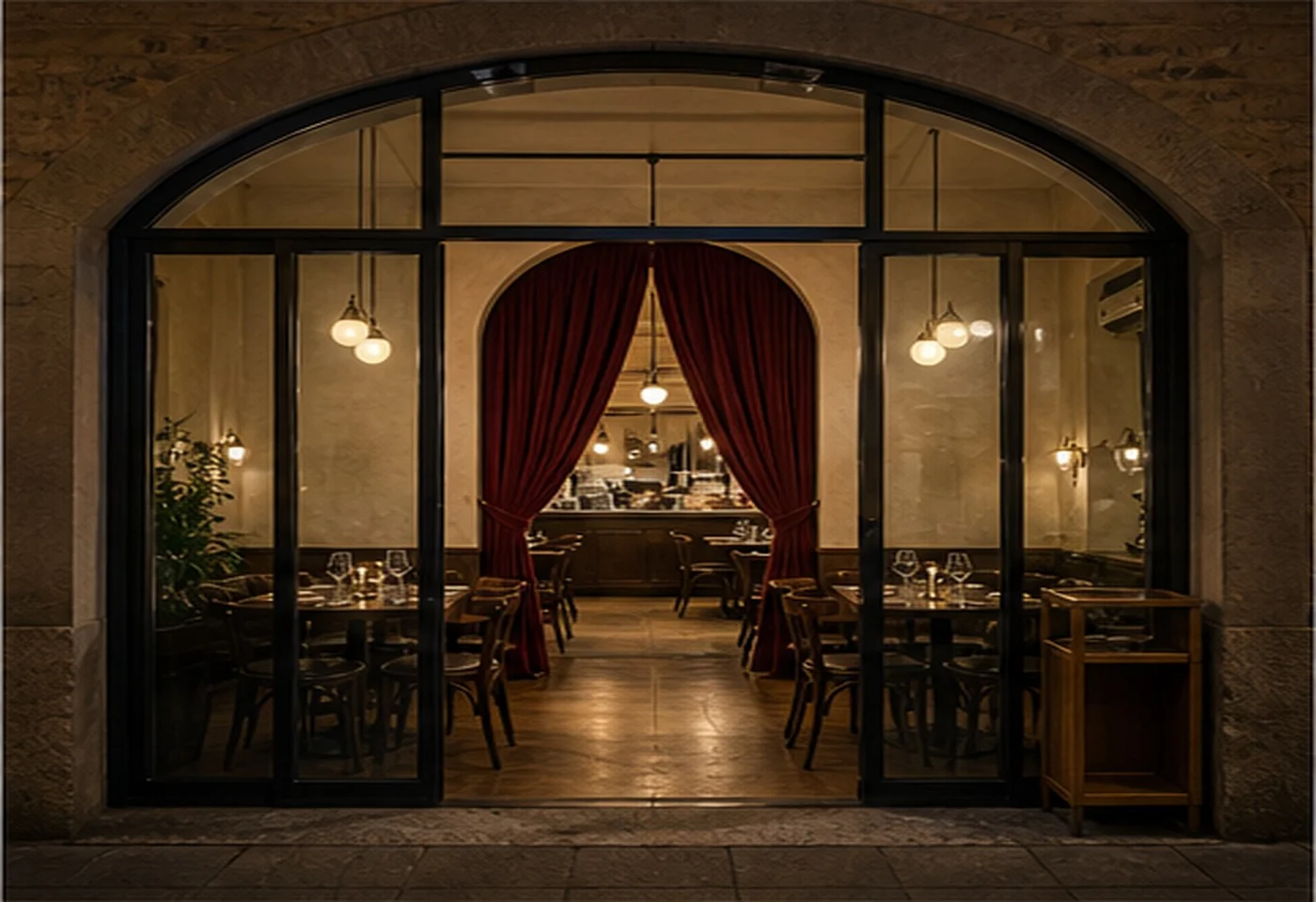 Ingresso serale del ristorante con il portale rosso visibile nella sala