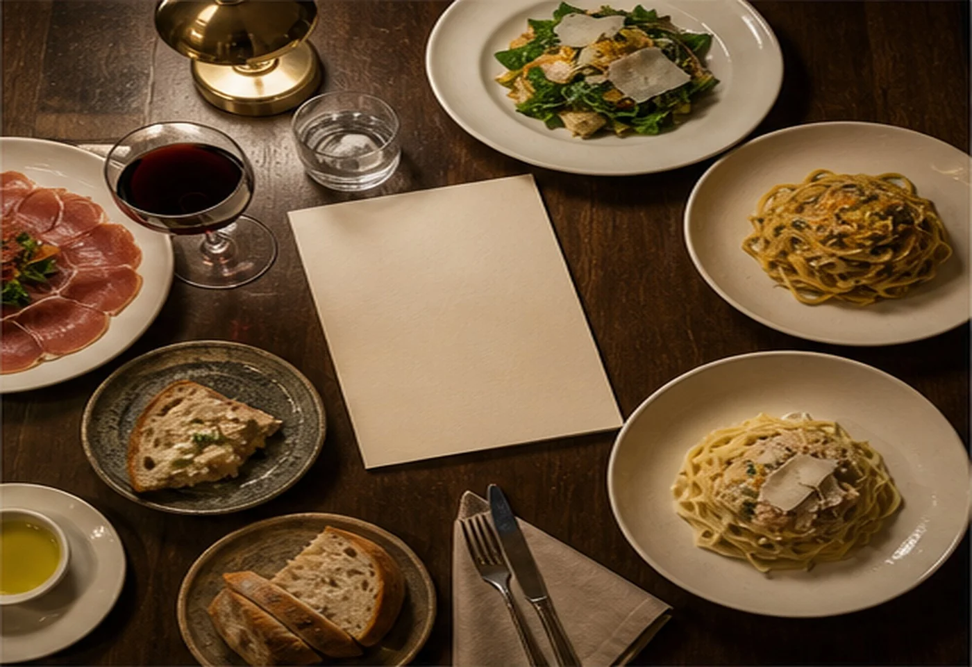 Tavola con piatti italiani contemporanei e carta del menu
