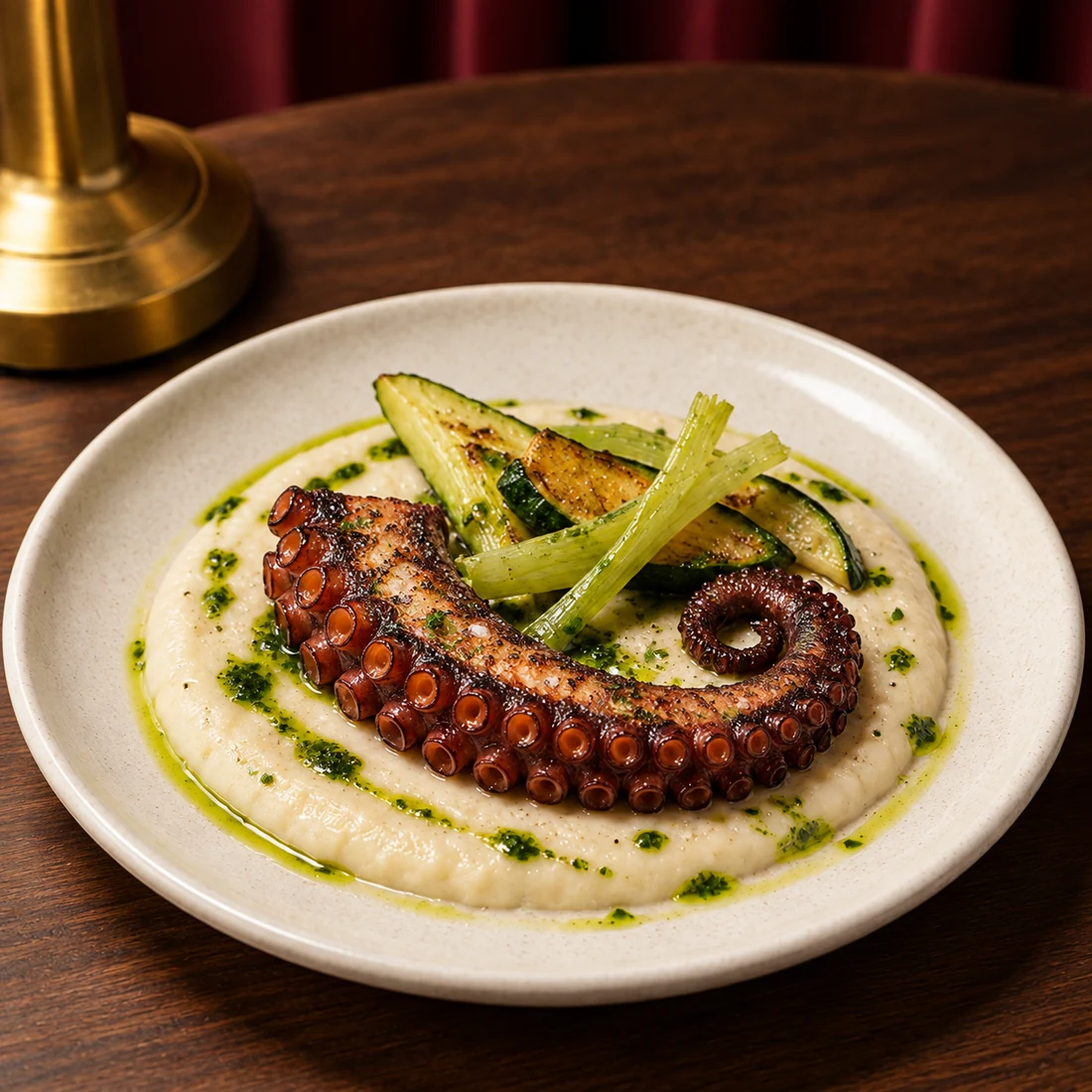 Polpo alla griglia con cannellini servito al tavolo