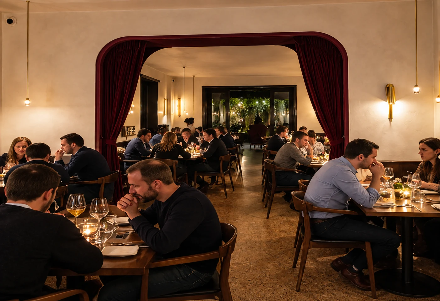 Sala principale con tavoli occupati durante il servizio serale