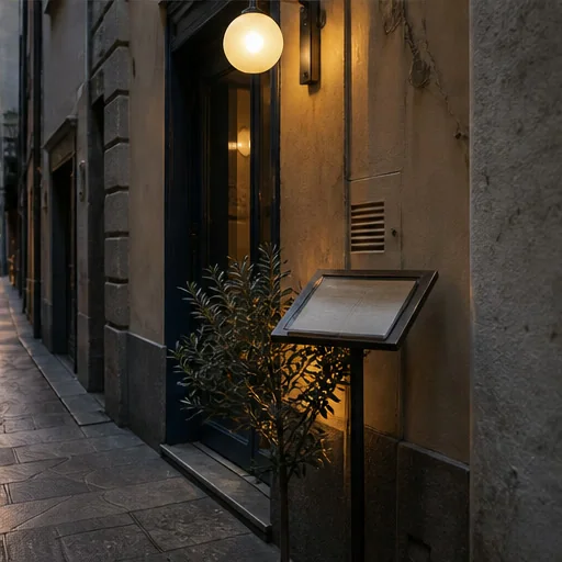 Ingresso illuminato dell'osteria nella strada laterale