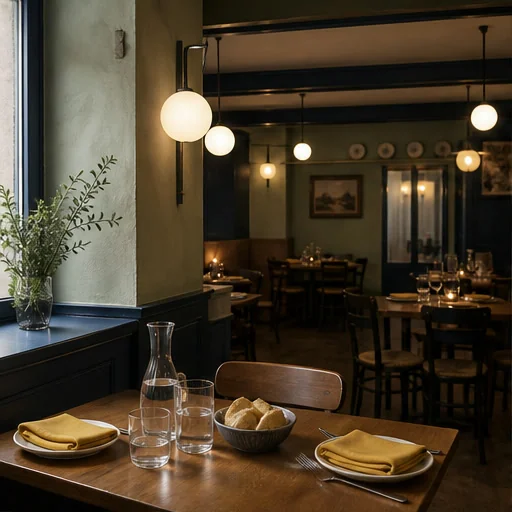 Tavolo apparecchiato con piatti, bicchieri e pane nella sala di un ristorante