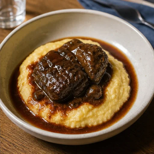 Guancia di manzo brasata servita con polenta morbida