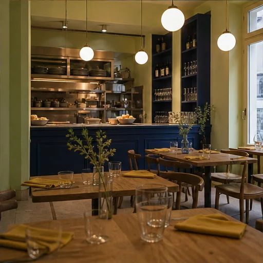 Seconda vista della sala con il banco della cucina sullo sfondo