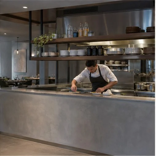 Cucina semiaperta del Ristorante Riva durante il servizio