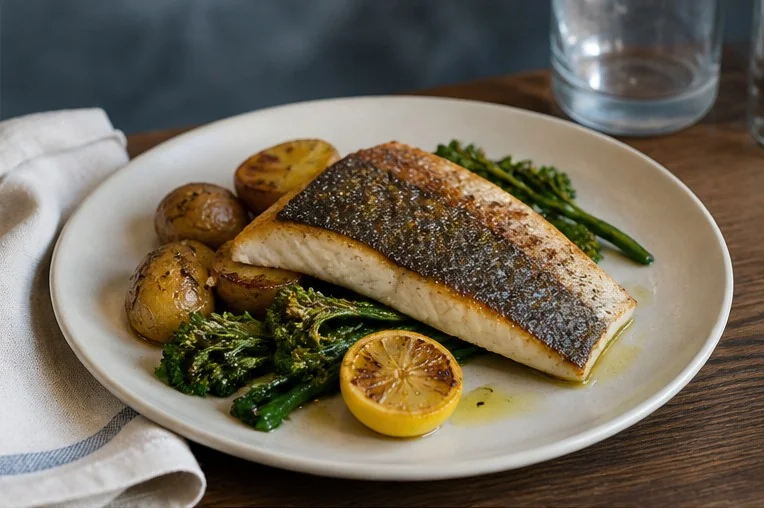 Branzino arrosto con patate, verdure verdi e limone