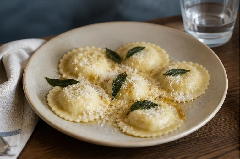 Sei ravioli di ricotta ed erbette con burro, salvia e Parmigiano