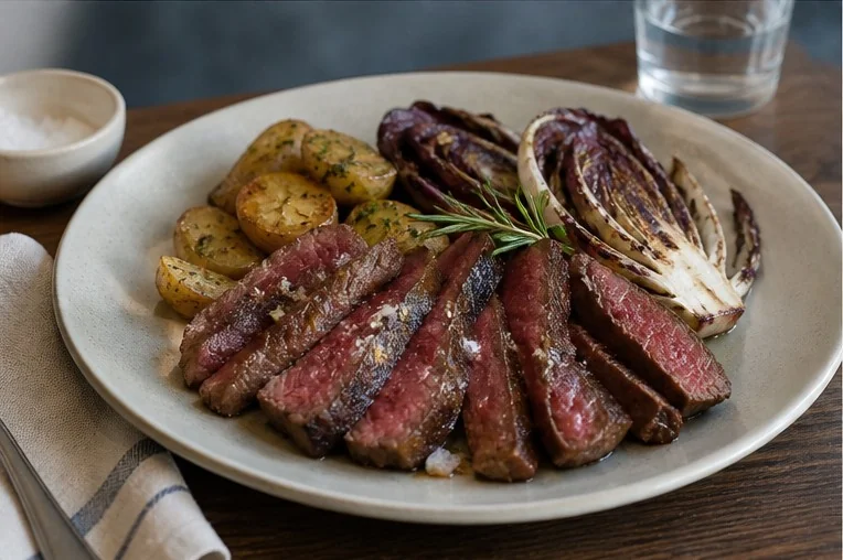 Tagliata di manzo con radicchio e patate al rosmarino
