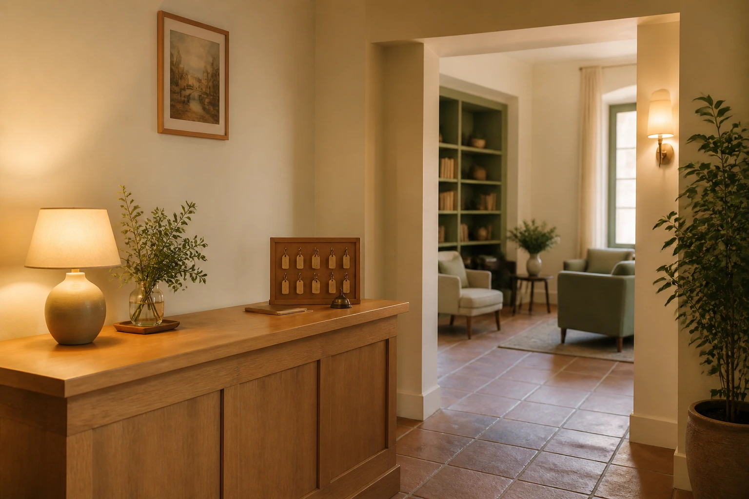 Reception interna del B&B con bancone in legno e saletta comune