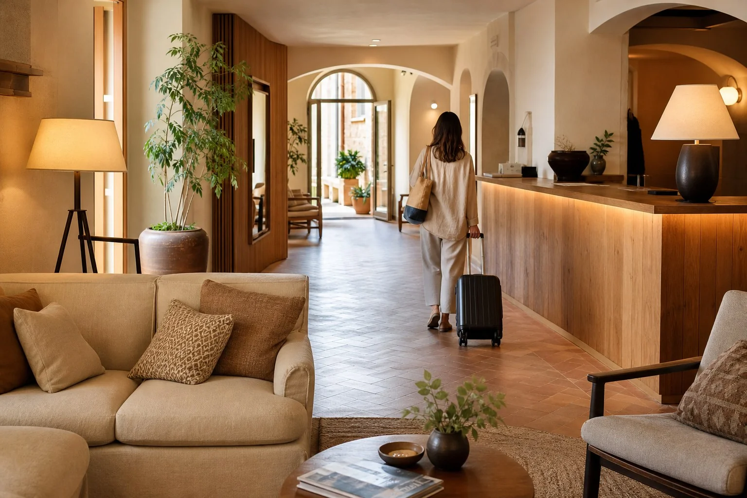 Ospite arriva con il bagaglio nella reception calda di un piccolo B&B