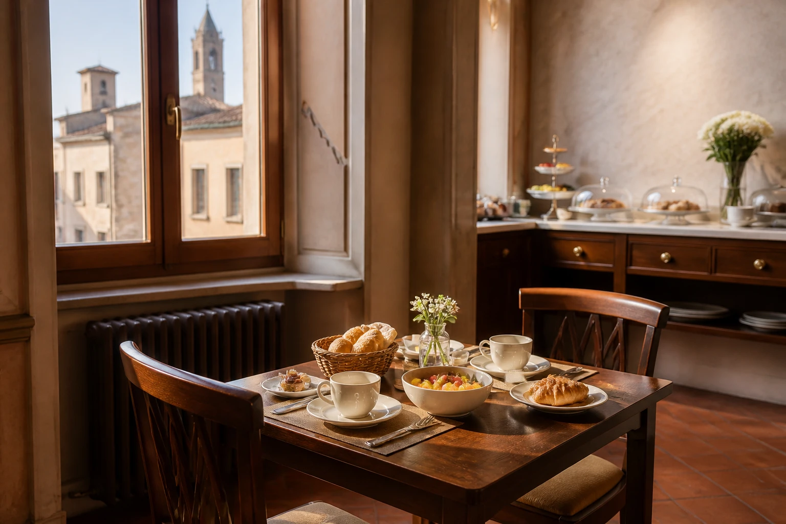 Sala colazione con tavolo apparecchiato e luce del mattino