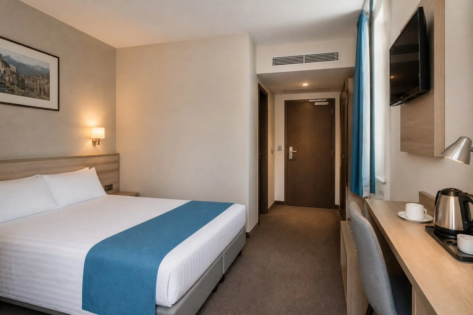 Camera Doppia vista dalla finestra verso il letto e l'ingresso