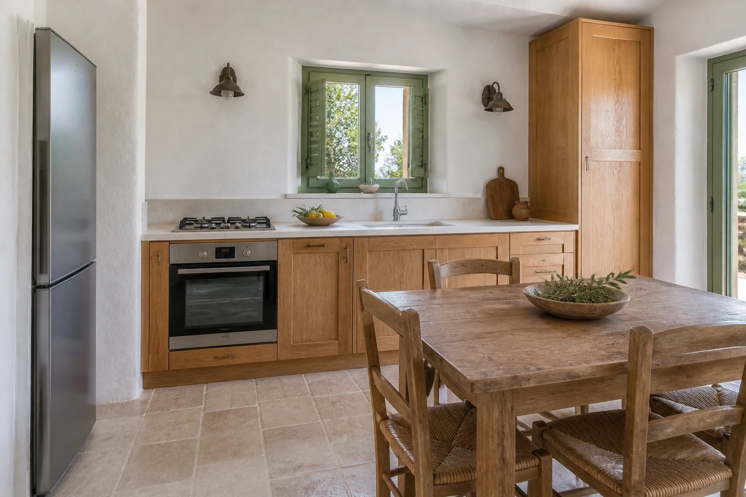 Cucina completa in legno con finestra verde salvia