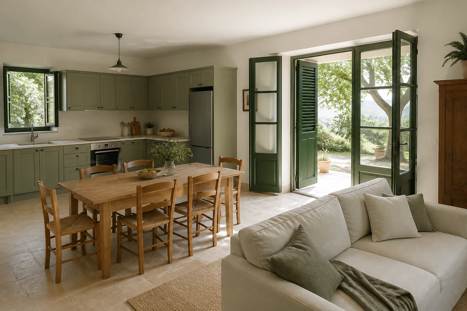 Soggiorno con cucina completa e accesso alla terrazza
