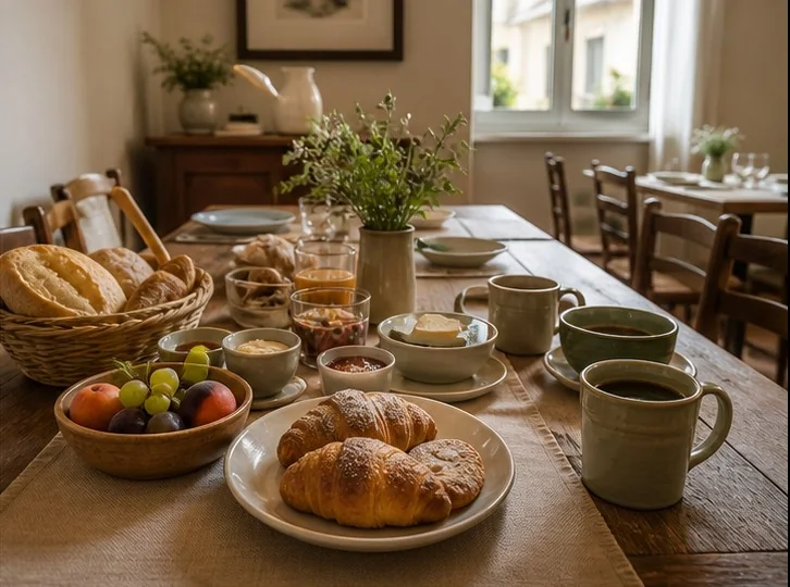 Tavola della colazione con pane, frutta, caff&egrave; e dolci