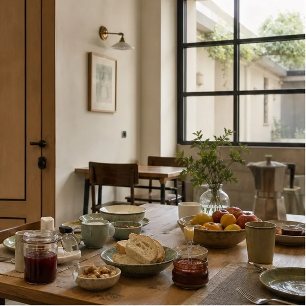 Colazione con pane, frutta, confetture e caff&egrave;